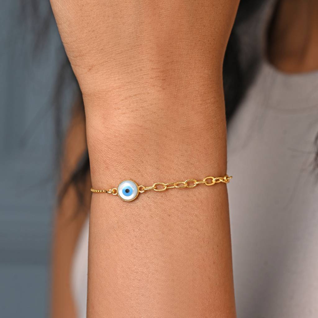 Clara 925 Pure Silver Adjustable Gold Plated Anti Tarnish Golden Evil Eye Hand Bracelet : CSEEBRF37_SCH