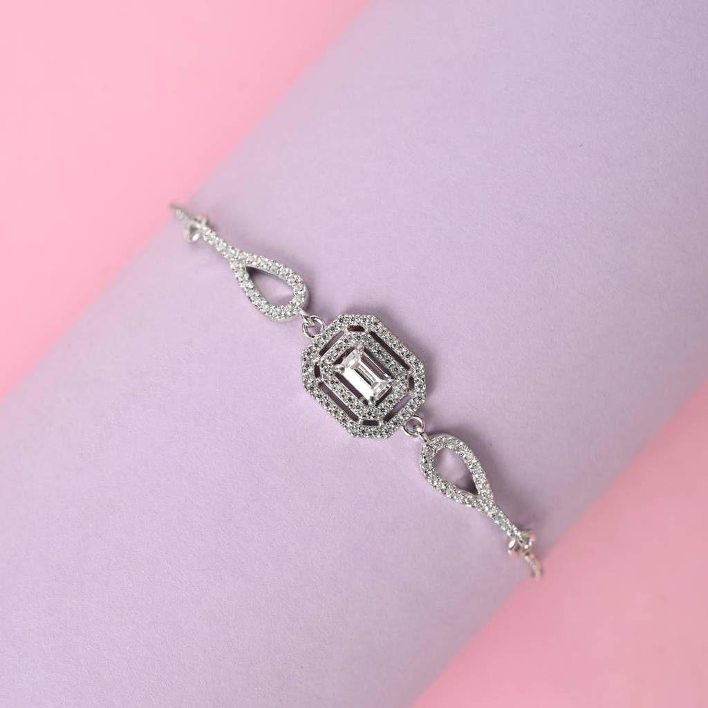 Clara 925 Pure Silver Adjustable Anti Tarnish Swiss Zirconia Octa Solitaire Hand Bracelet : CSBRF39_SCH