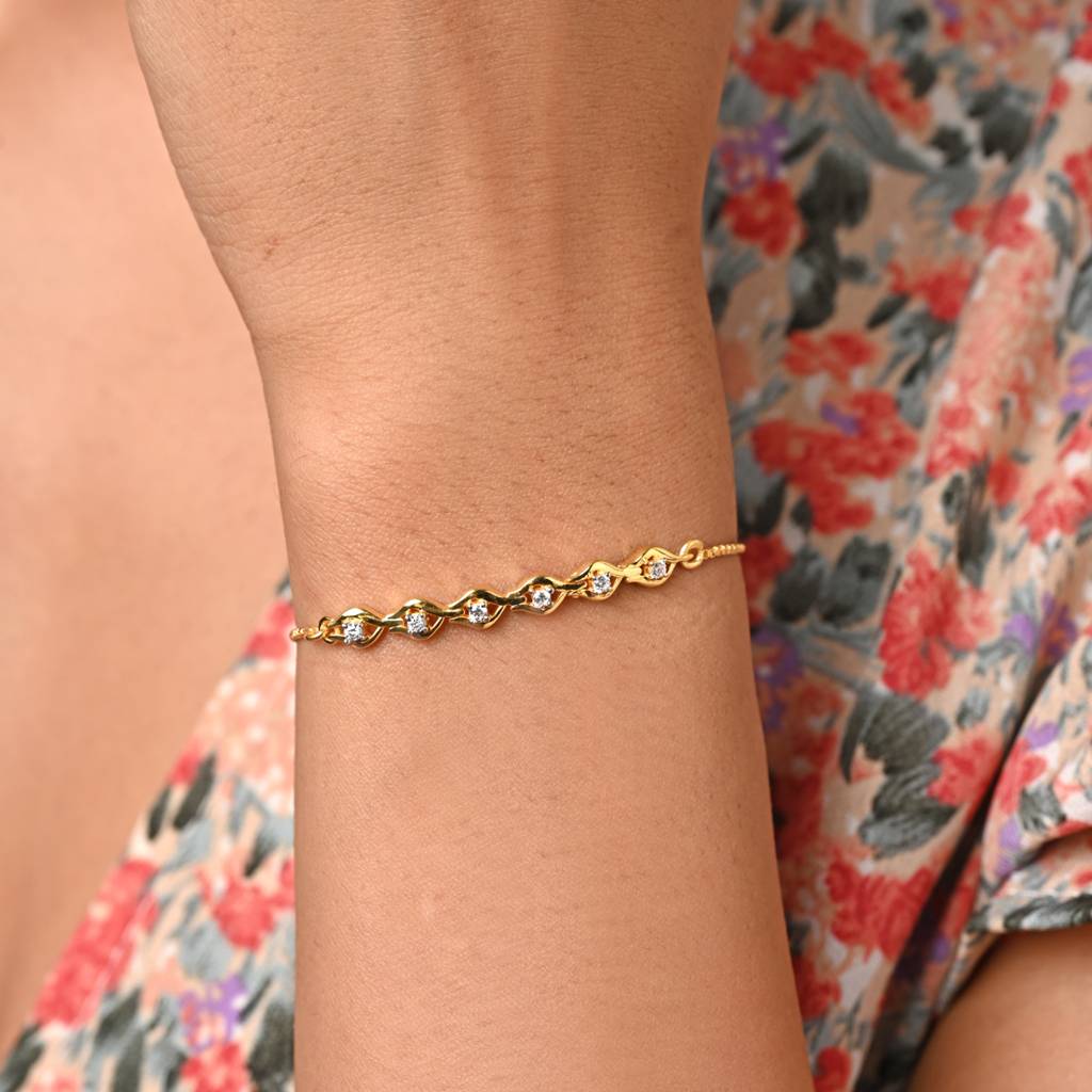 Clara 925 Pure Silver Adjustable Gold Plated Anti Tarnish Swiss Zirconia Interlock Hand Bracelet : CSBRF40_SCH