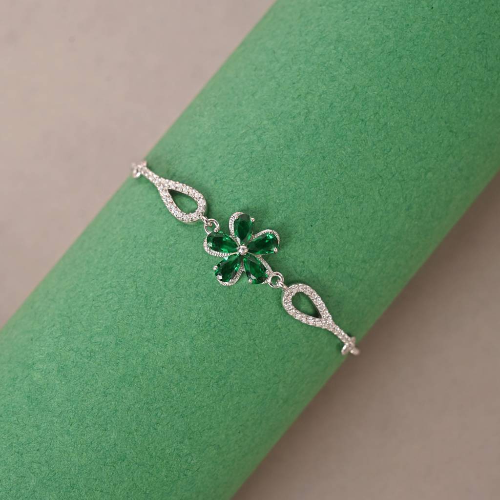 Clara 925 Pure Silver Adjustable Anti Tarnish Swiss Zirconia Green Flower Hand Bracelet : CSBRF41_SCH