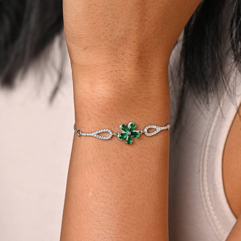 Clara 925 Pure Silver Adjustable Anti Tarnish Swiss Zirconia Green Flower Hand Bracelet : CSBRF41_SCH