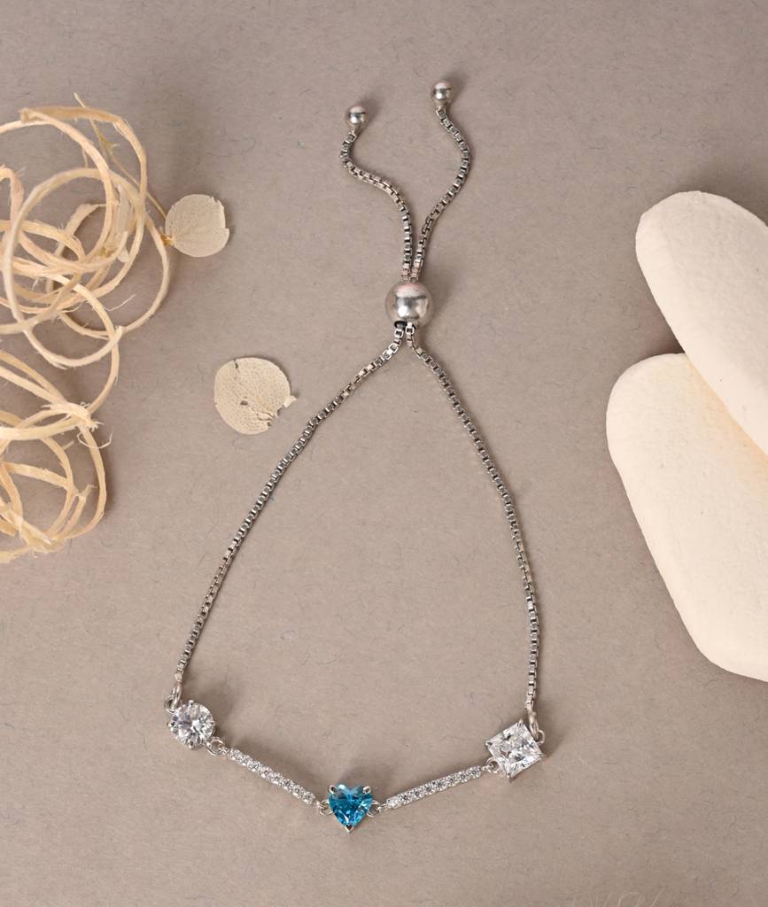 Clara 925 Pure Silver Adjustable Anti Tarnish Swiss Zirconia Blue Heart Hand Bracelet : CSBRF43_SCH