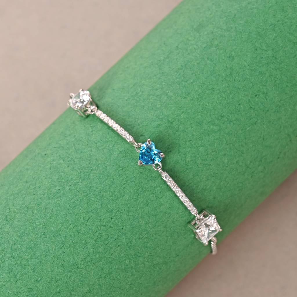 Clara 925 Pure Silver Adjustable Anti Tarnish Swiss Zirconia Blue Heart Hand Bracelet : CSBRF43_SCH