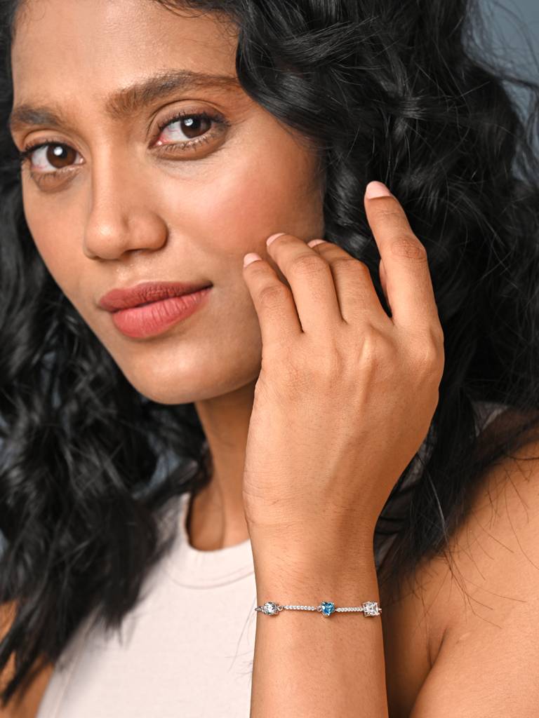 Clara 925 Pure Silver Adjustable Anti Tarnish Swiss Zirconia Blue Heart Hand Bracelet : CSBRF43_SCH
