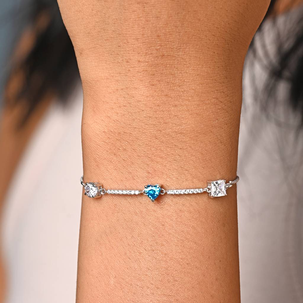 Clara 925 Pure Silver Adjustable Anti Tarnish Swiss Zirconia Blue Heart Hand Bracelet : CSBRF43_SCH