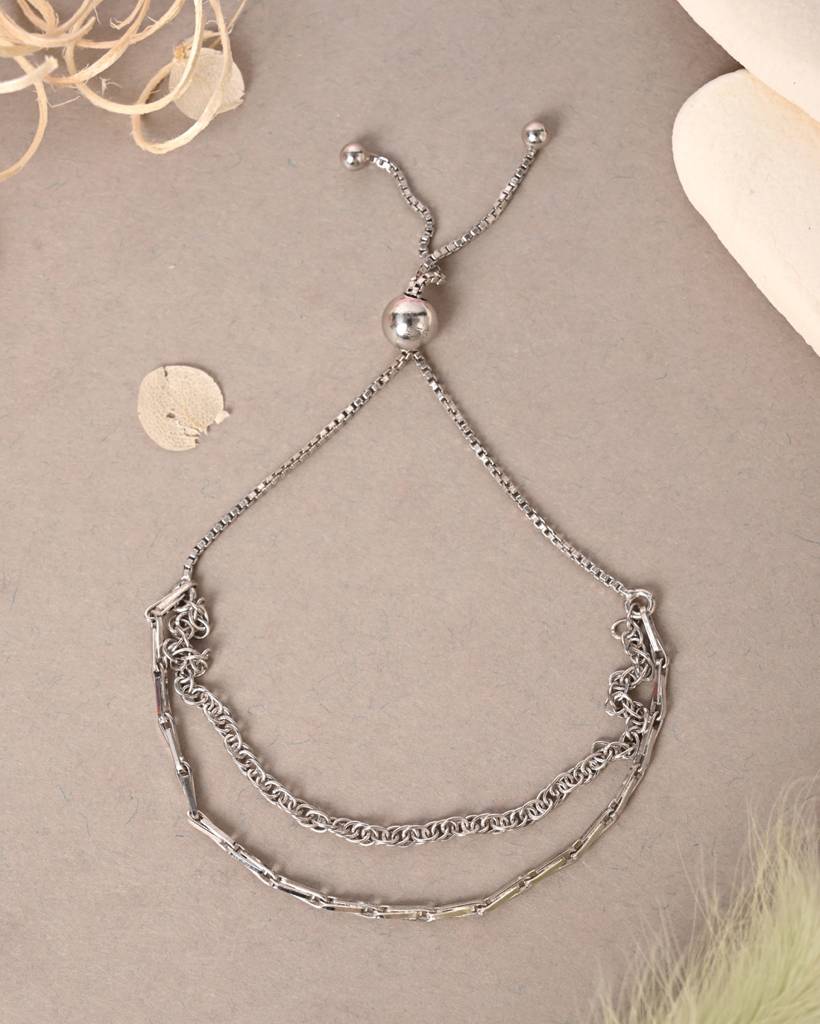 Clara 925 Pure Silver Adjustable Anti Tarnish Double Chain Bracelet : CSBRF50_SCH