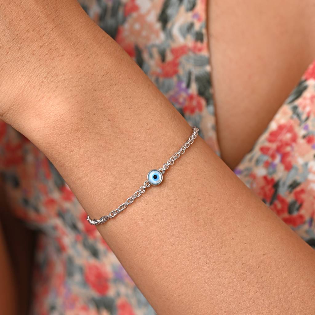 Clara 925 Pure Silver Adjustable Anti Tarnish Evil Eye Chain Bracelet : CSEEBRF54_SCH