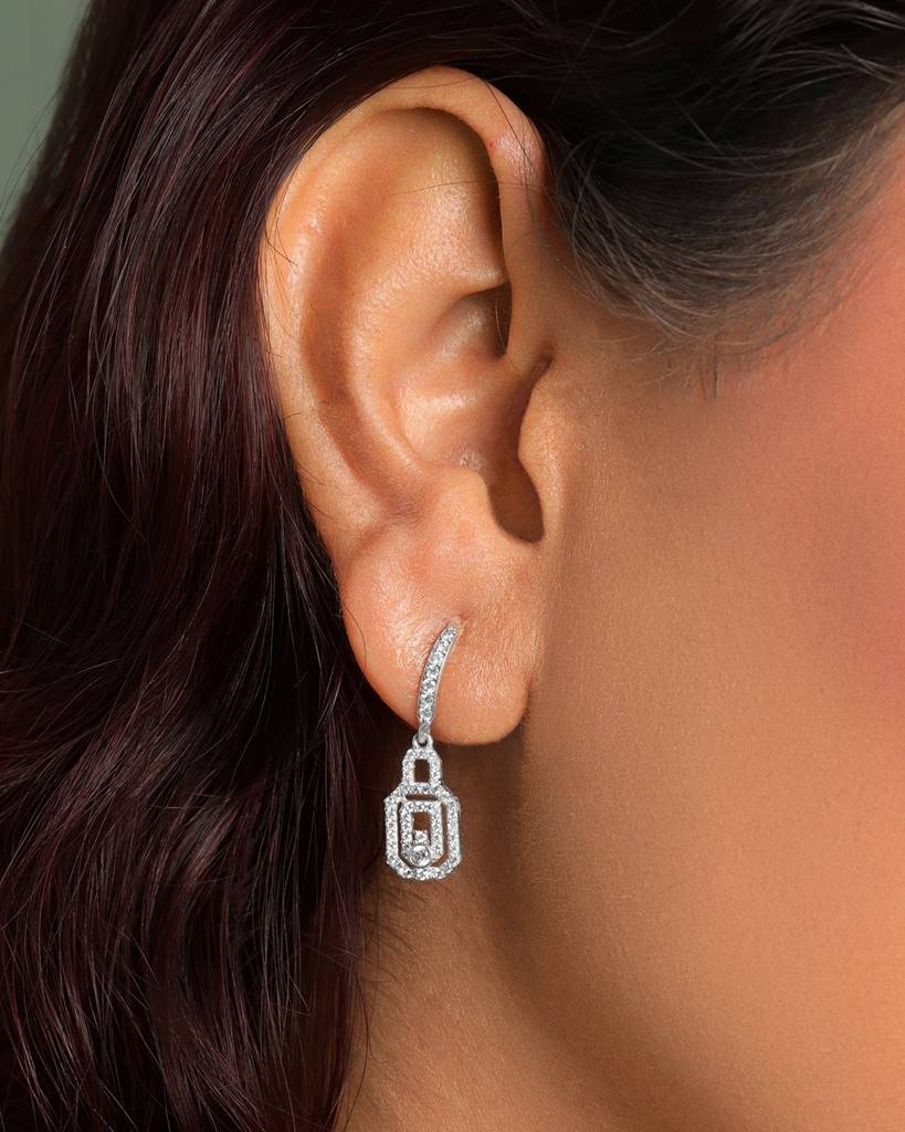 925 Sterling Silver Platinum Plated Daily Wear Lock Drop Earrings Gift For Women & Girls : CSE75