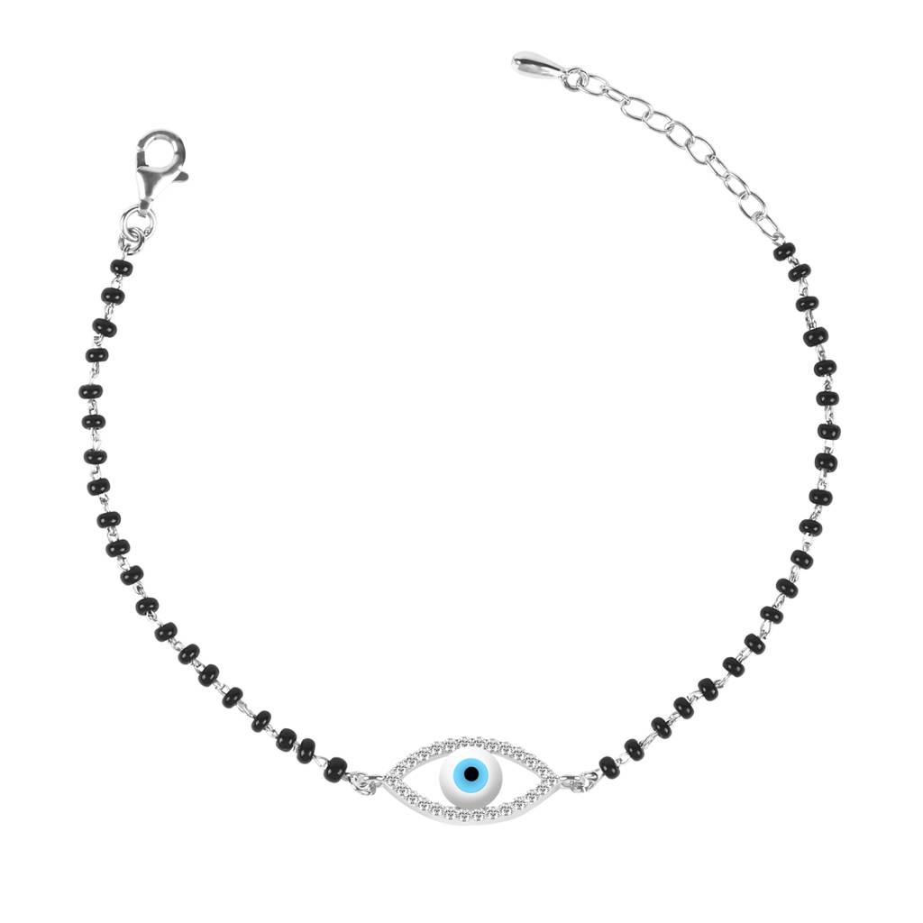 Clara 925 Sterling Silver Rhodium Plated Black Beads Evil Eye Halo Hand Mangalsutra Bracelet : CSEEBRF26_MCH