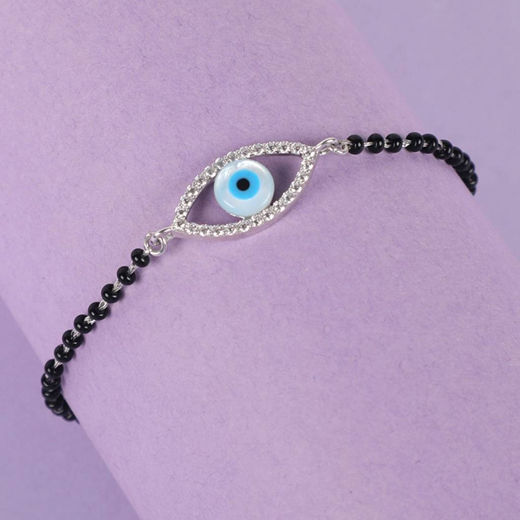 Clara 925 Sterling Silver Rhodium Plated Black Beads Evil Eye Halo Hand Mangalsutra Bracelet : CSEEBRF26_MCH