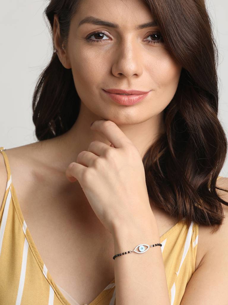 Clara 925 Sterling Silver Rhodium Plated Black Beads Evil Eye Halo Hand Mangalsutra Bracelet : CSEEBRF26_MCH