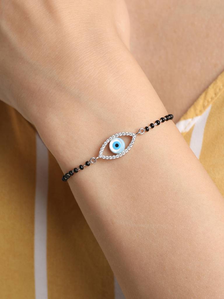 Clara 925 Sterling Silver Rhodium Plated Black Beads Evil Eye Halo Hand Mangalsutra Bracelet : CSEEBRF26_MCH