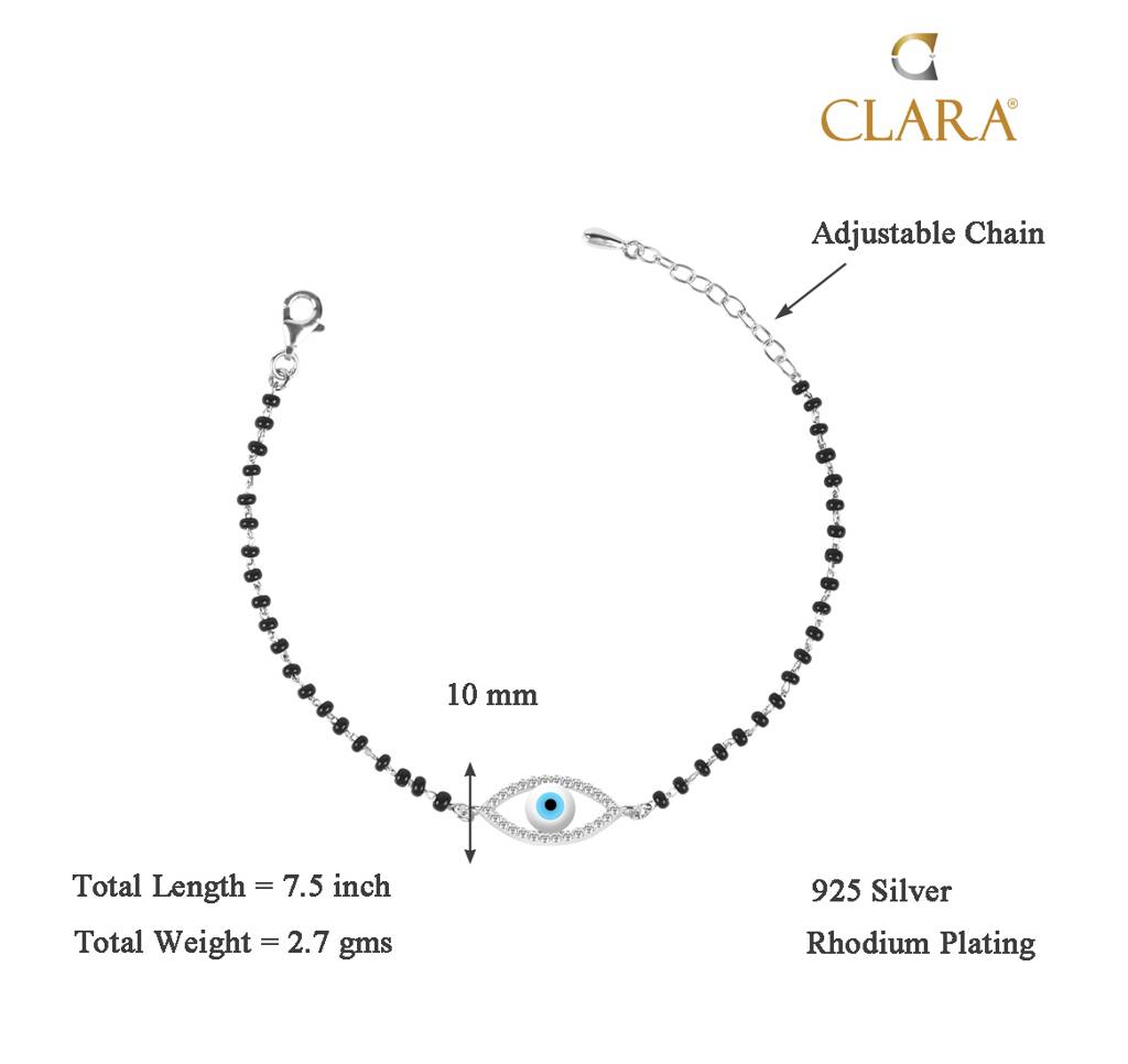 Clara 925 Sterling Silver Rhodium Plated Black Beads Evil Eye Halo Hand Mangalsutra Bracelet : CSEEBRF26_MCH