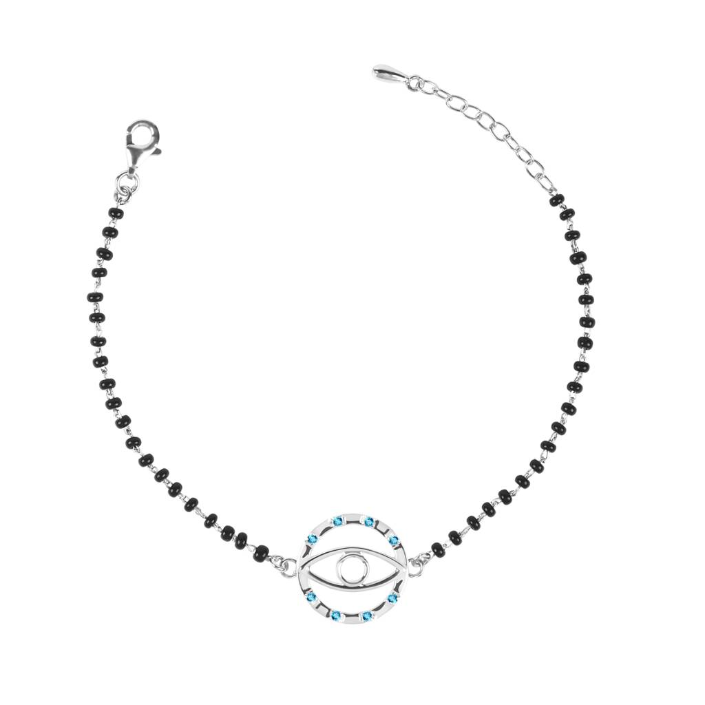 Clara 925 Sterling Silver Rhodium Plated Black Beads Evil Eye Circle Hand Mangalsutra Bracelet : CSEEBRF27_MCH