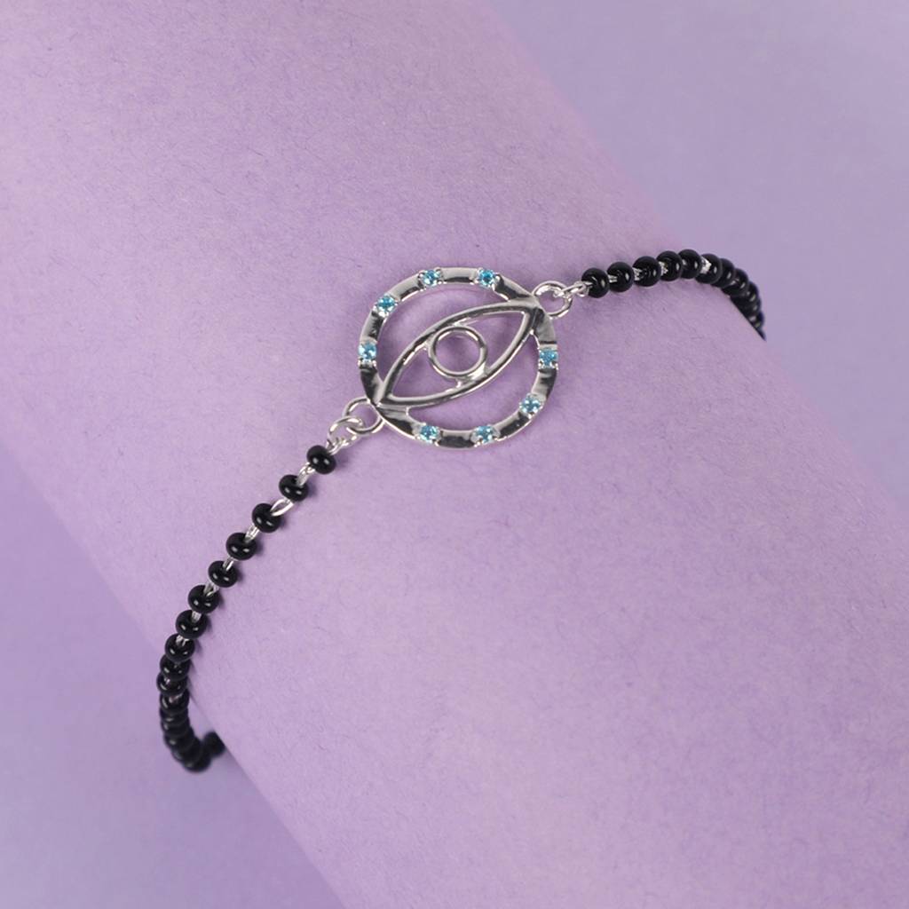 Clara 925 Sterling Silver Rhodium Plated Black Beads Evil Eye Circle Hand Mangalsutra Bracelet : CSEEBRF27_MCH