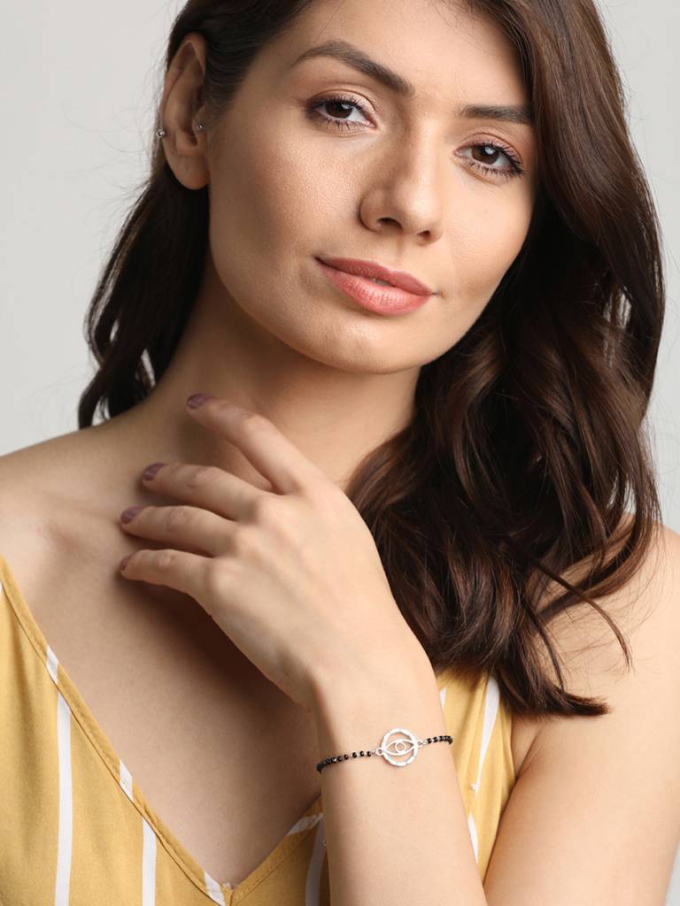Clara 925 Sterling Silver Rhodium Plated Black Beads Evil Eye Circle Hand Mangalsutra Bracelet : CSEEBRF27_MCH