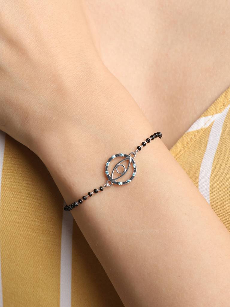 Clara 925 Sterling Silver Rhodium Plated Black Beads Evil Eye Circle Hand Mangalsutra Bracelet : CSEEBRF27_MCH