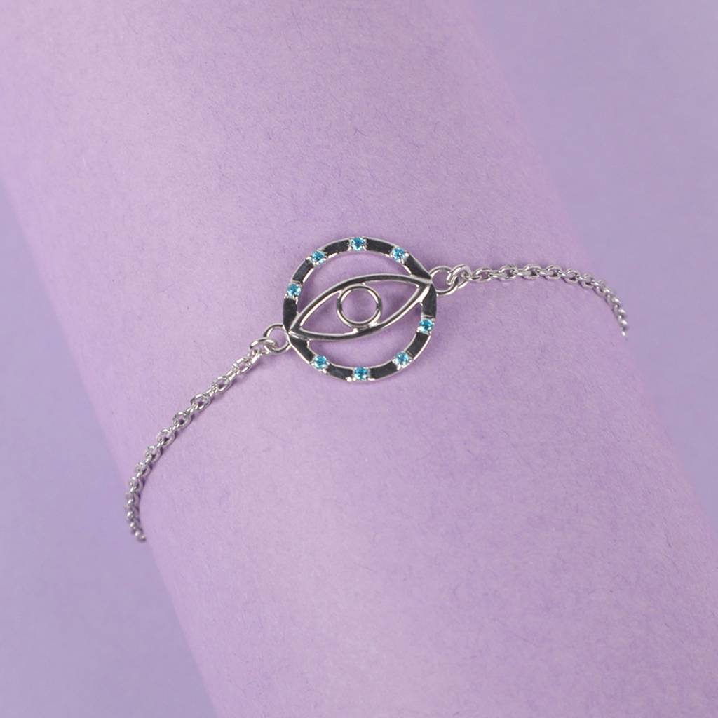 Clara 925 Sterling Silver Adjustable Rhodium Plated Evil Eye Circle Swiss Zirconia Bracelet : CSEEBRF27_SCH
