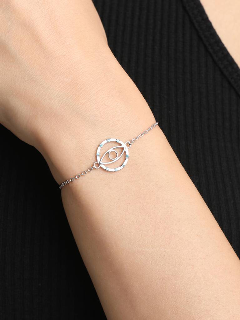 Clara 925 Sterling Silver Adjustable Rhodium Plated Evil Eye Circle Swiss Zirconia Bracelet : CSEEBRF27_SCH