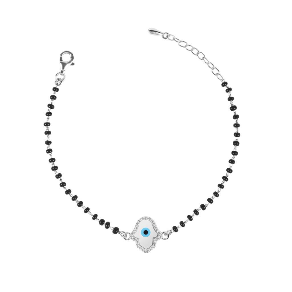 Clara 925 Sterling Silver Rhodium Plated Black Beads Evil Eye Hamsa Hand Mangalsutra Bracelet : CSEEBRF28_MCH