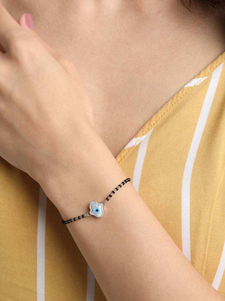 Clara 925 Sterling Silver Rhodium Plated Black Beads Evil Eye Hamsa Hand Mangalsutra Bracelet : CSEEBRF28_MCH
