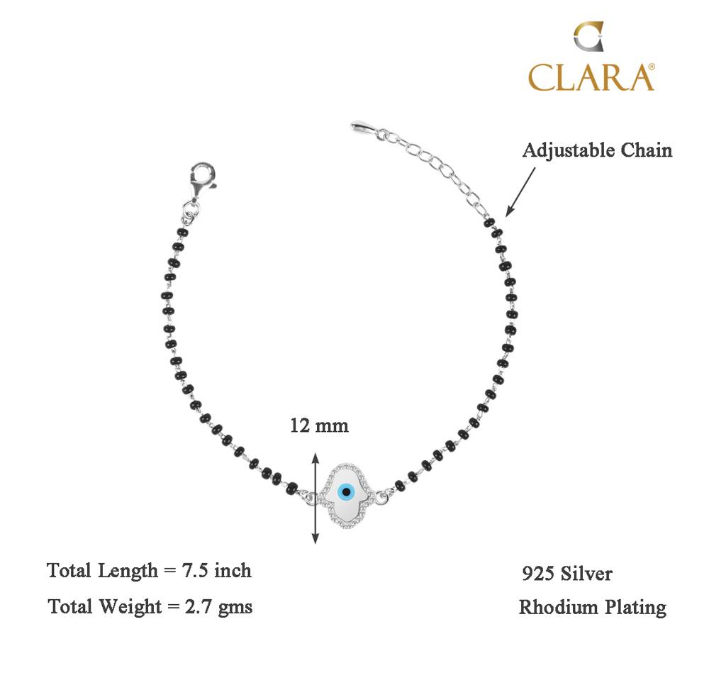 Clara 925 Sterling Silver Rhodium Plated Black Beads Evil Eye Hamsa Hand Mangalsutra Bracelet : CSEEBRF28_MCH