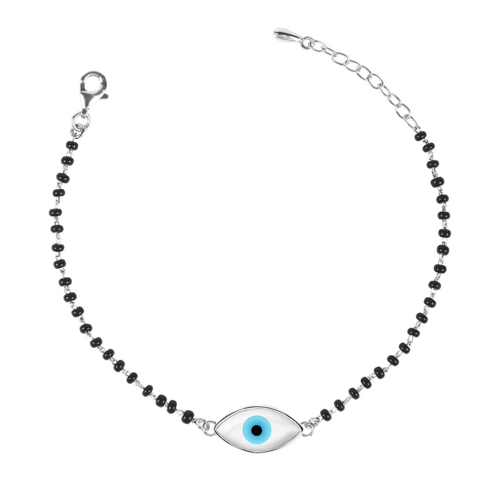 Clara 925 Sterling Silver Rhodium Plated Black Beads Evil Eye Marquise Hand Mangalsutra Bracelet : CSEEBRF29_MCH