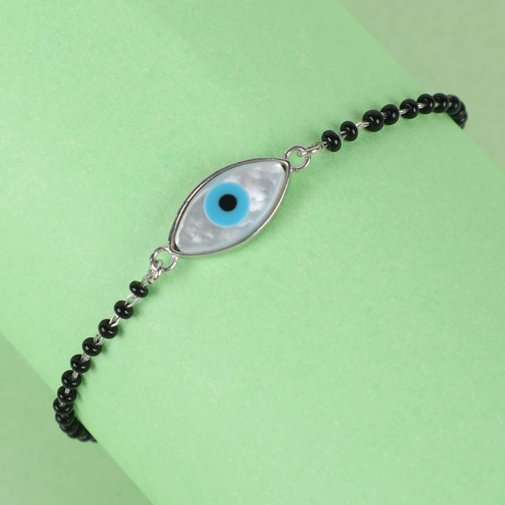 Clara 925 Sterling Silver Rhodium Plated Black Beads Evil Eye Marquise Hand Mangalsutra Bracelet : CSEEBRF29_MCH