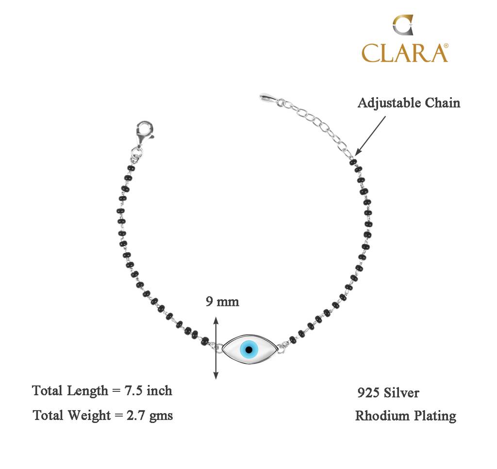 Clara 925 Sterling Silver Rhodium Plated Black Beads Evil Eye Marquise Hand Mangalsutra Bracelet : CSEEBRF29_MCH