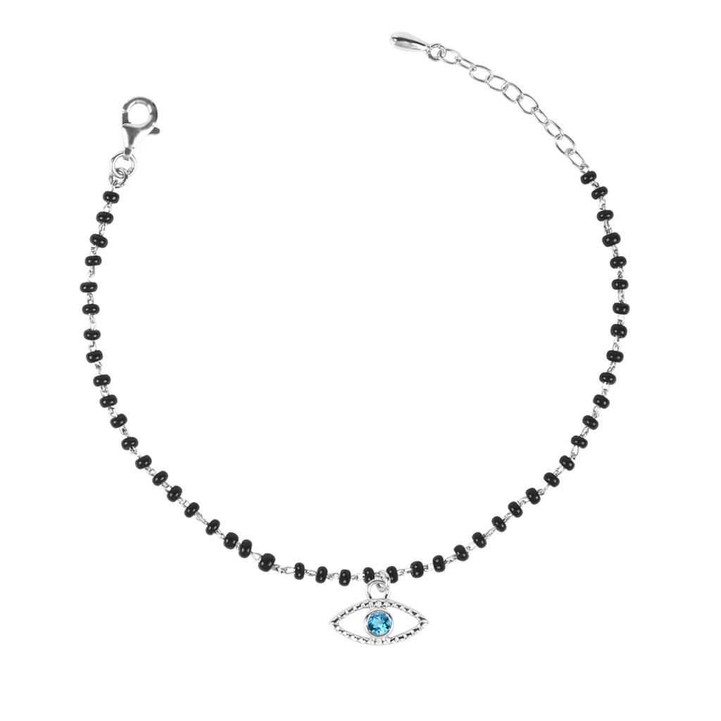 Clara 925 Sterling Silver Rhodium Plated Black Beads Evil Eye Bella Hand Mangalsutra Bracelet : CSEEBRF30_MCH