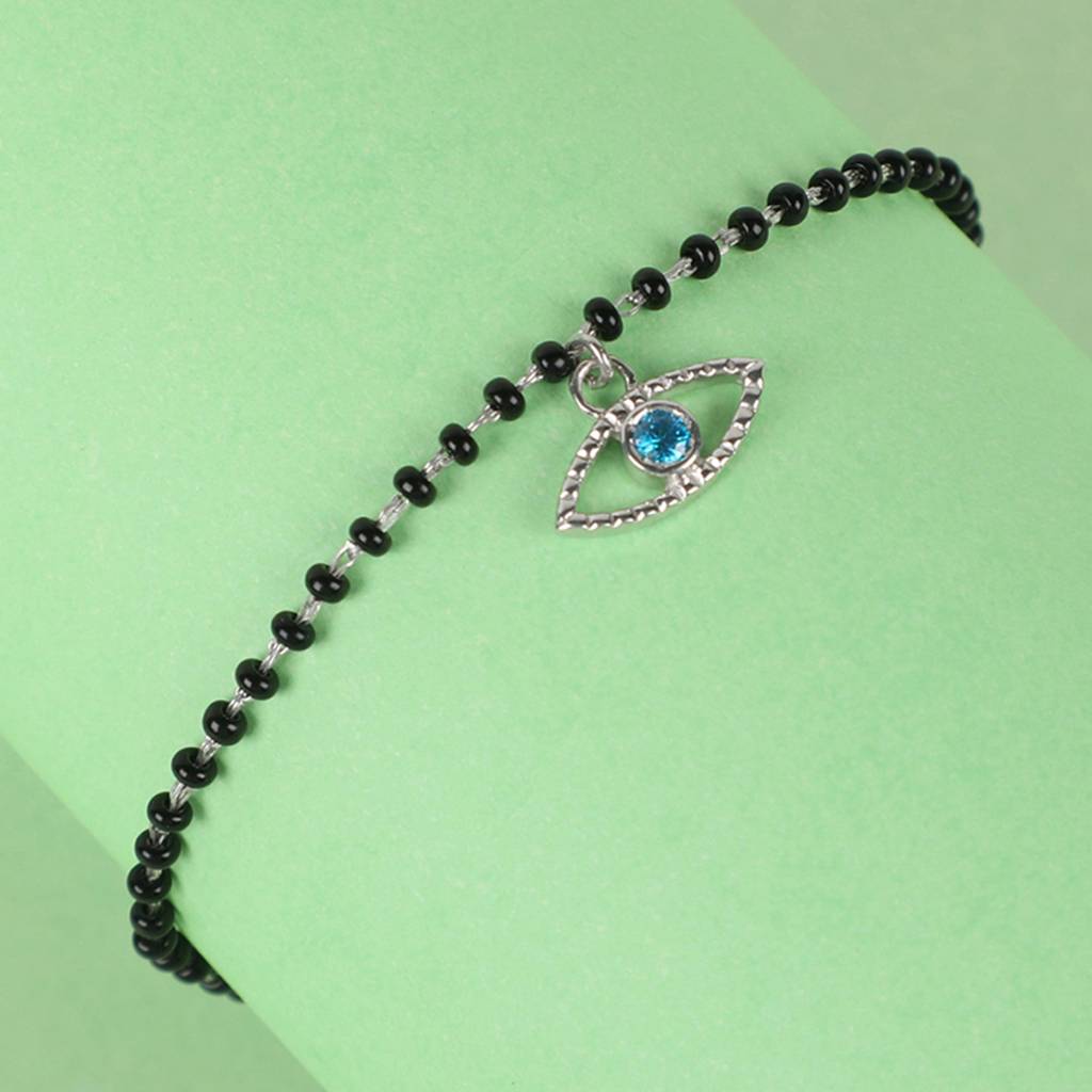 Clara 925 Sterling Silver Rhodium Plated Black Beads Evil Eye Bella Hand Mangalsutra Bracelet : CSEEBRF30_MCH