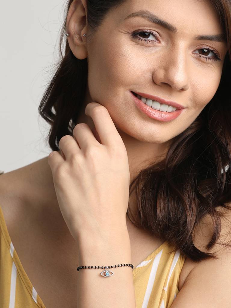 Clara 925 Sterling Silver Rhodium Plated Black Beads Evil Eye Bella Hand Mangalsutra Bracelet : CSEEBRF30_MCH