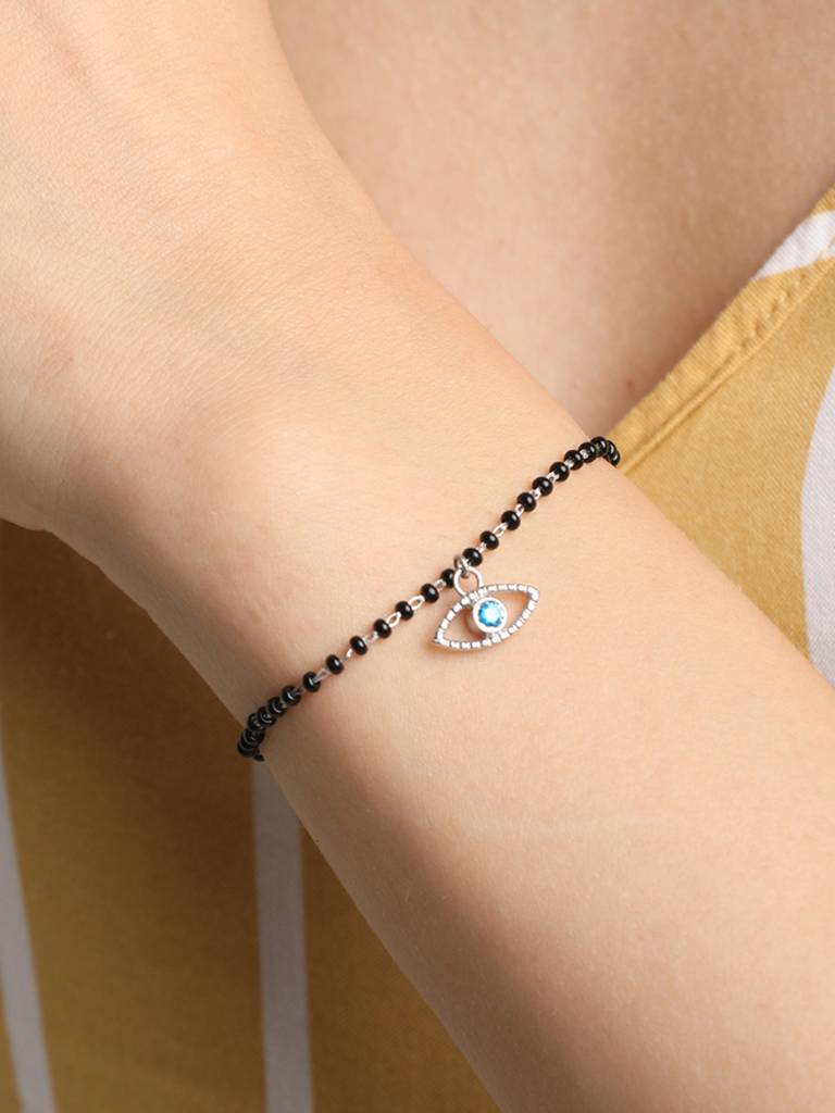Clara 925 Sterling Silver Rhodium Plated Black Beads Evil Eye Bella Hand Mangalsutra Bracelet : CSEEBRF30_MCH