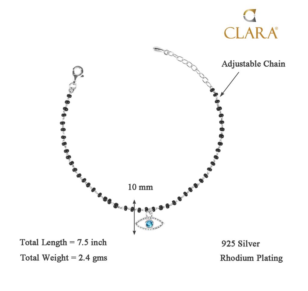 Clara 925 Sterling Silver Rhodium Plated Black Beads Evil Eye Bella Hand Mangalsutra Bracelet : CSEEBRF30_MCH