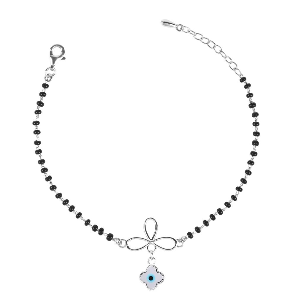 Clara 925 Sterling Silver Rhodium Plated Black Beads Evil Eye Flower Hand Mangalsutra Bracelet : CSEEBRF31_MCH
