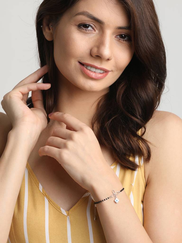 Clara 925 Sterling Silver Rhodium Plated Black Beads Evil Eye Flower Hand Mangalsutra Bracelet : CSEEBRF31_MCH