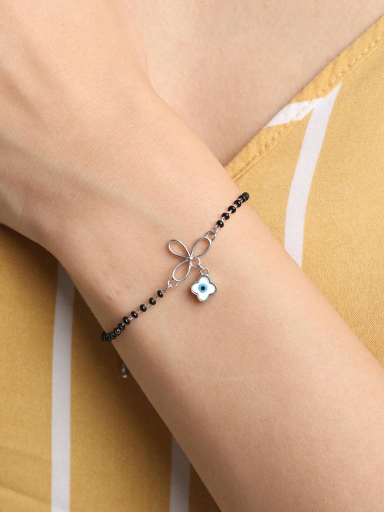 Clara 925 Sterling Silver Rhodium Plated Black Beads Evil Eye Flower Hand Mangalsutra Bracelet : CSEEBRF31_MCH