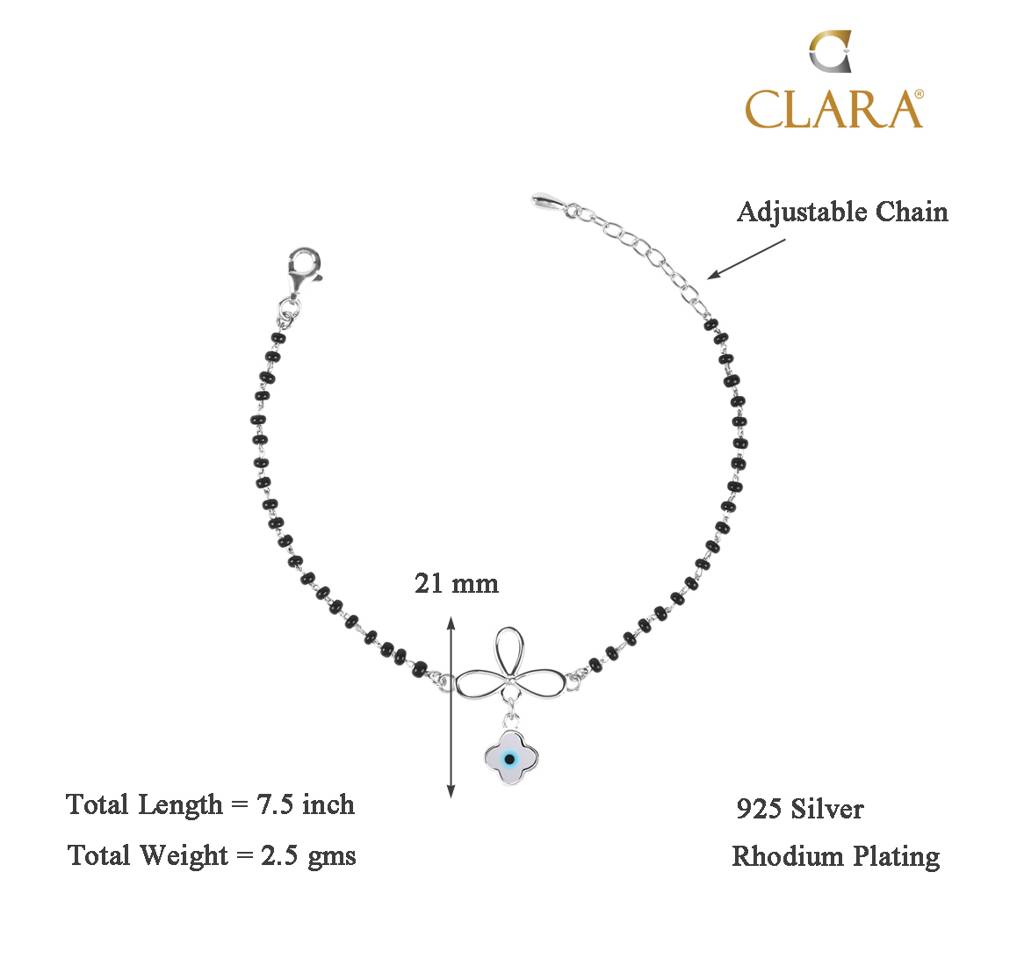 Clara 925 Sterling Silver Rhodium Plated Black Beads Evil Eye Flower Hand Mangalsutra Bracelet : CSEEBRF31_MCH