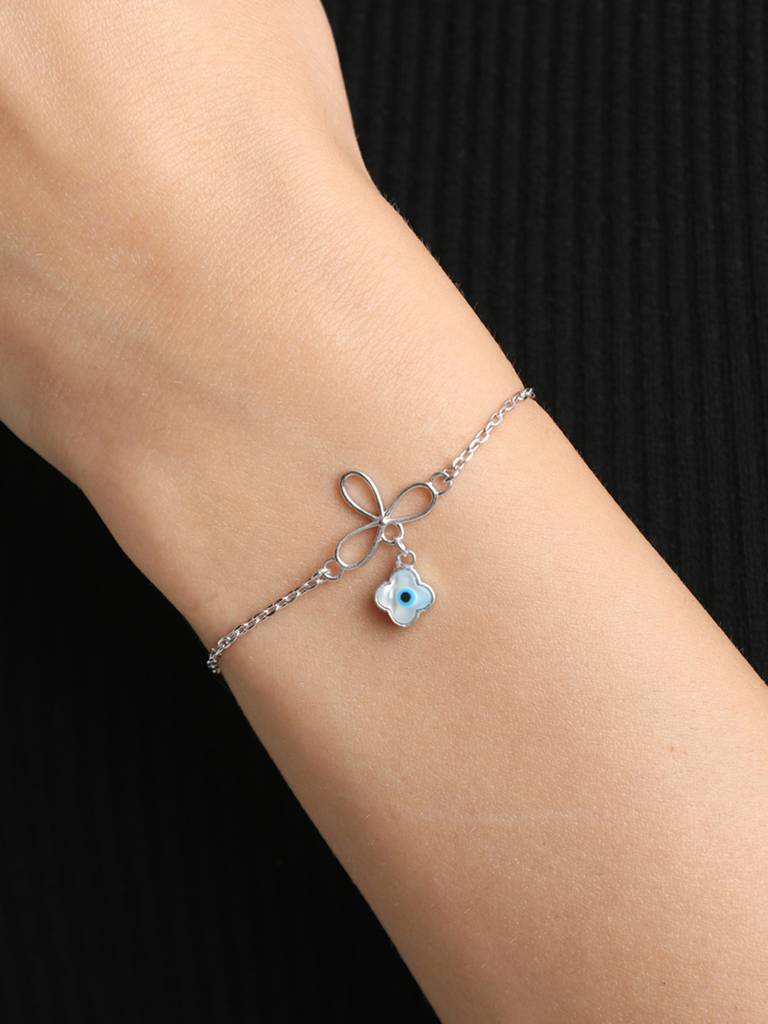 Clara 925 Sterling Silver Adjustable Rhodium Plated Evil Eye Flower Bracelet : CSEEBRF31_SCH