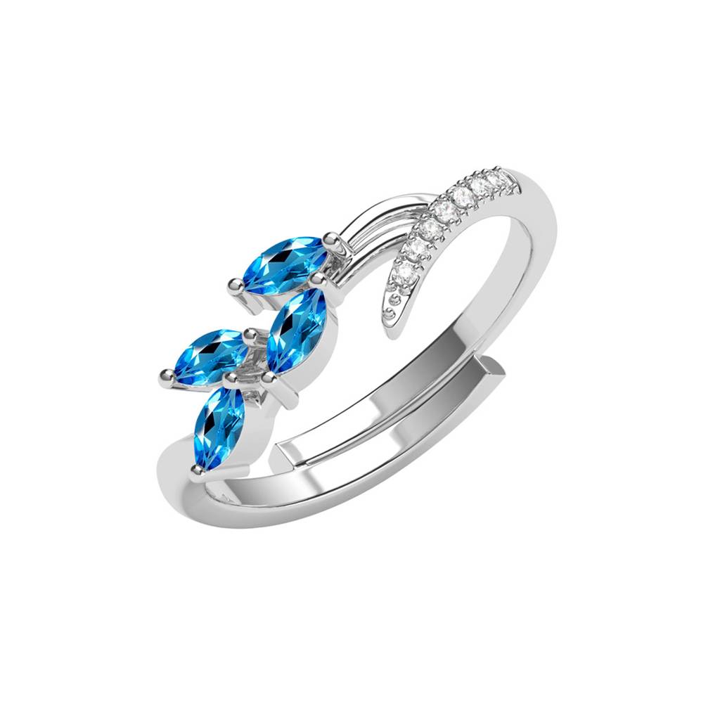 Clara 925 Silver Swiss Zircon Platinum Plated Adjustable Tonje Curved Blue Leaf Finger Ring : CSFR100