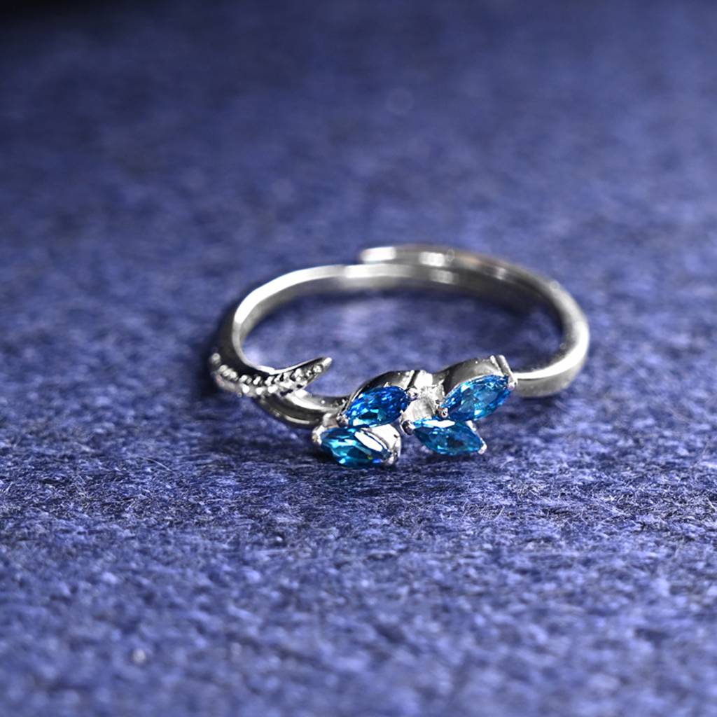 Clara 925 Silver Swiss Zircon Platinum Plated Adjustable Tonje Curved Blue Leaf Finger Ring : CSFR100
