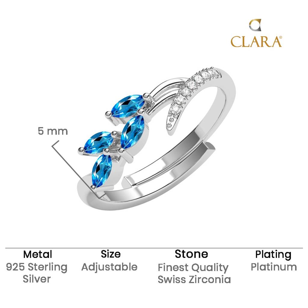 Clara 925 Silver Swiss Zircon Platinum Plated Adjustable Tonje Curved Blue Leaf Finger Ring : CSFR100