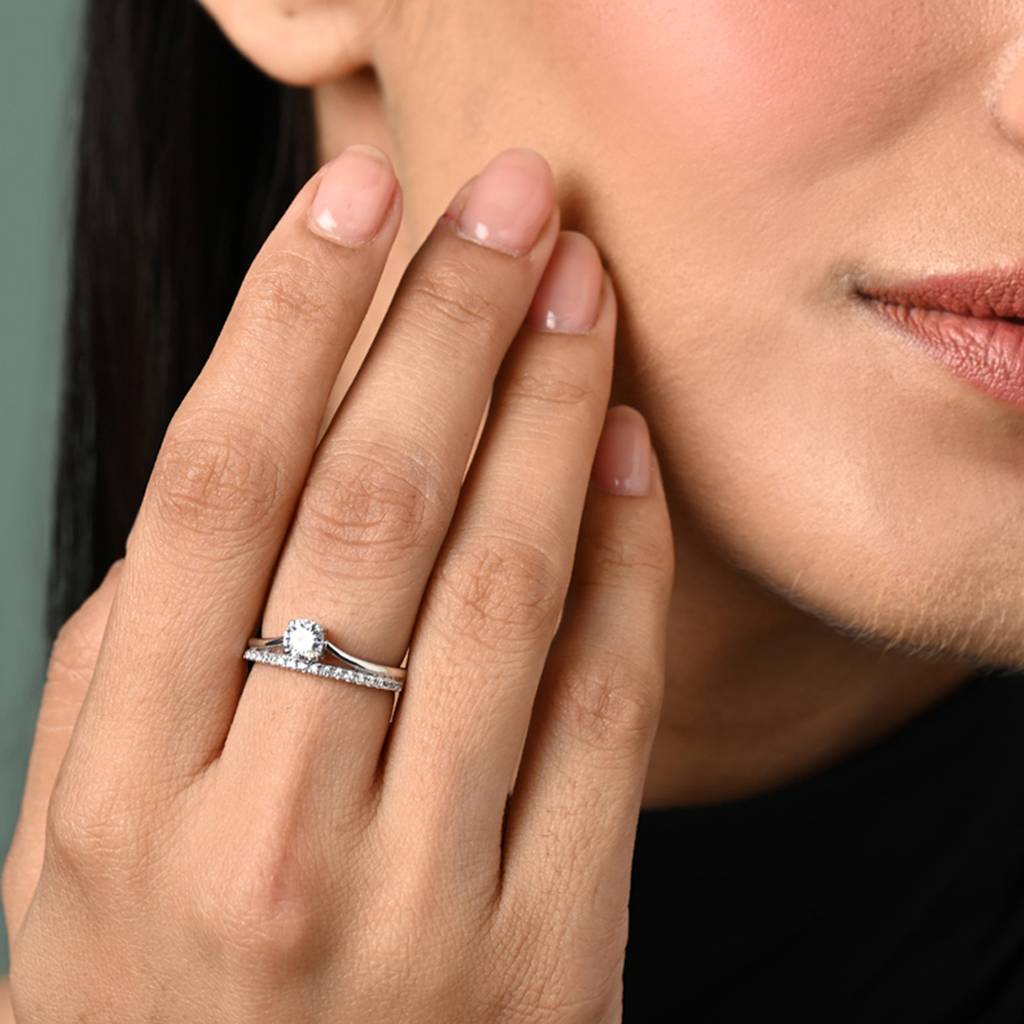 Clara 925 Silver Swiss Zircon Platinum Plated Adjustable Roisin Double Banded Solitaire Finger Ring : CSFR101