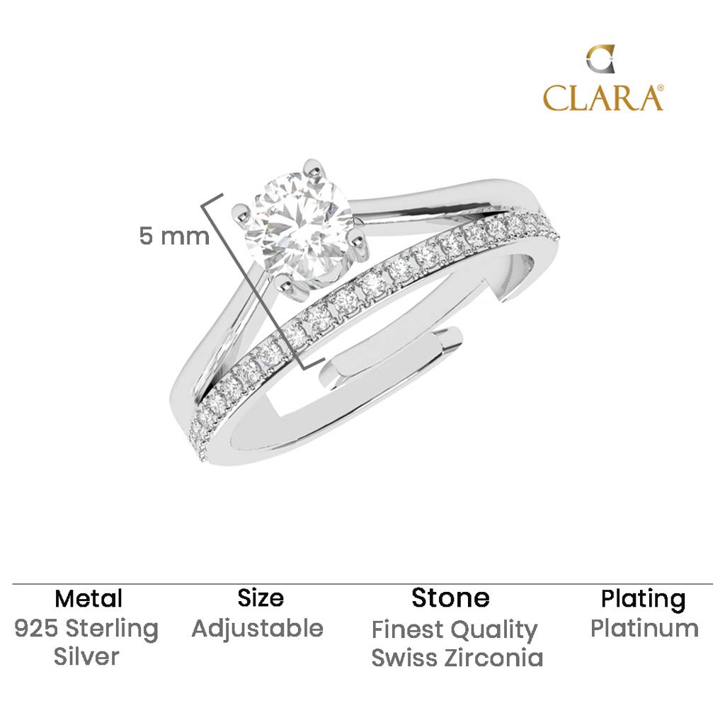 Clara 925 Silver Swiss Zircon Platinum Plated Adjustable Roisin Double Banded Solitaire Finger Ring : CSFR101
