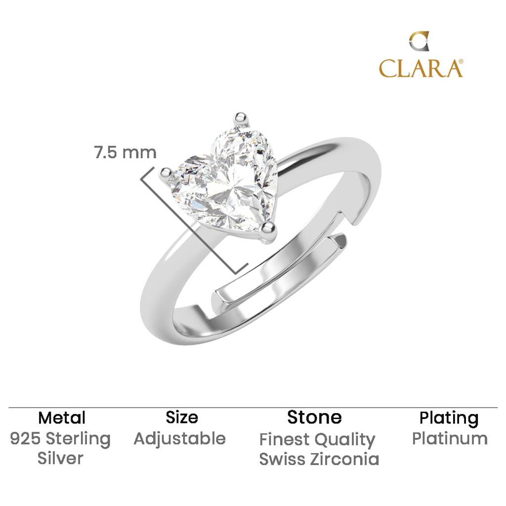 Clara 925 Silver Swiss Zircon Platinum Plated Adjustable Orla Classic Heart Solitaire Finger Ring : CSFR102