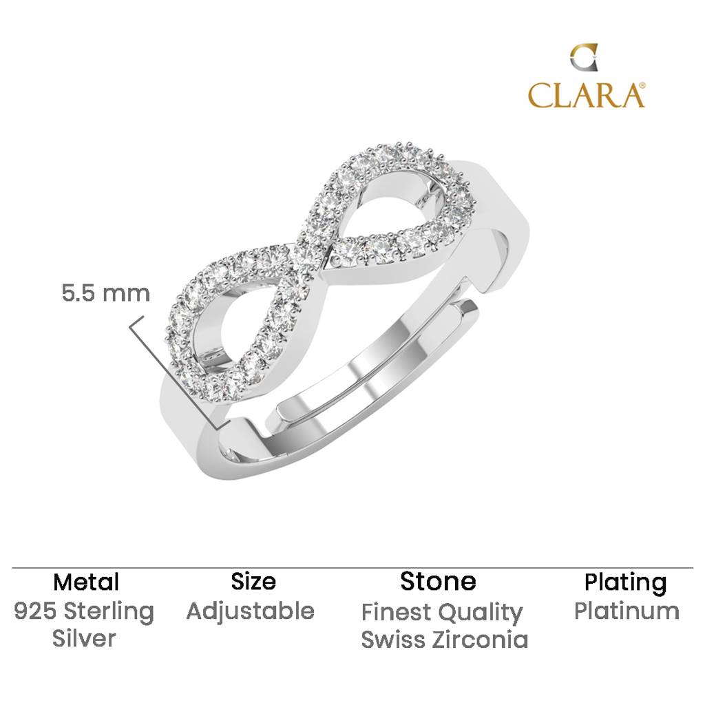 Clara 925 Silver Swiss Zircon Platinum Plated Adjustable Zoe Studded Infinity Valentine Finger Ring : CSFR103