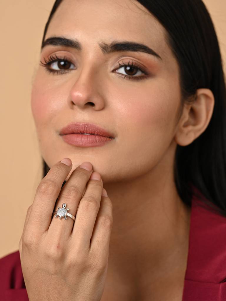 Clara 925 Silver Swiss Zircon Platinum Plated Adjustable Good Luck Tortoise Turtle Finger Ring : CSFR105
