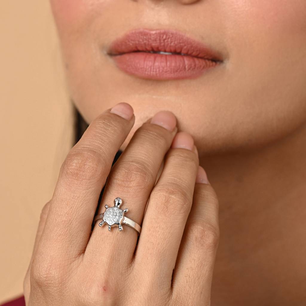 Clara 925 Silver Swiss Zircon Platinum Plated Adjustable Good Luck Tortoise Turtle Finger Ring : CSFR105
