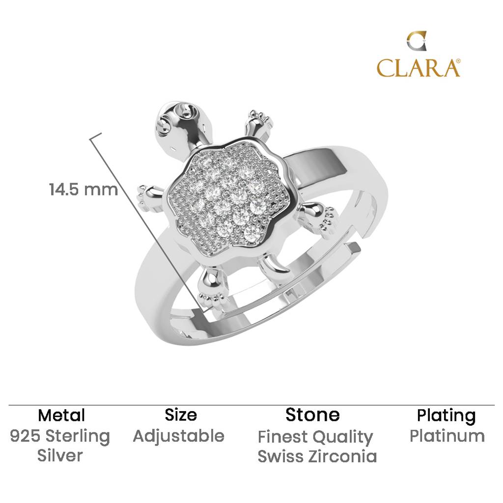 Clara 925 Silver Swiss Zircon Platinum Plated Adjustable Good Luck Tortoise Turtle Finger Ring : CSFR105