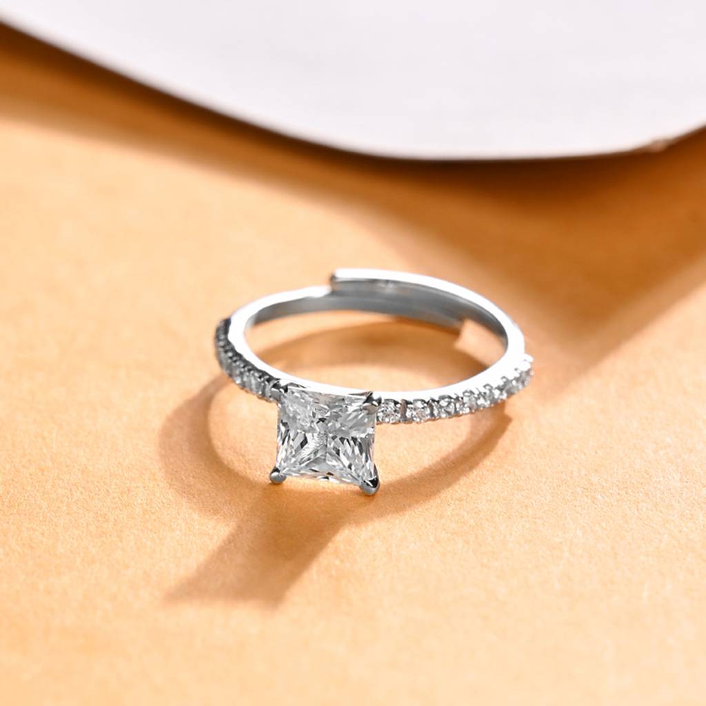 Clara 925 Silver Swiss Zircon Platinum Plated Adjustable Elodie Princess Cut Solitaire Finger Ring : CSFR106